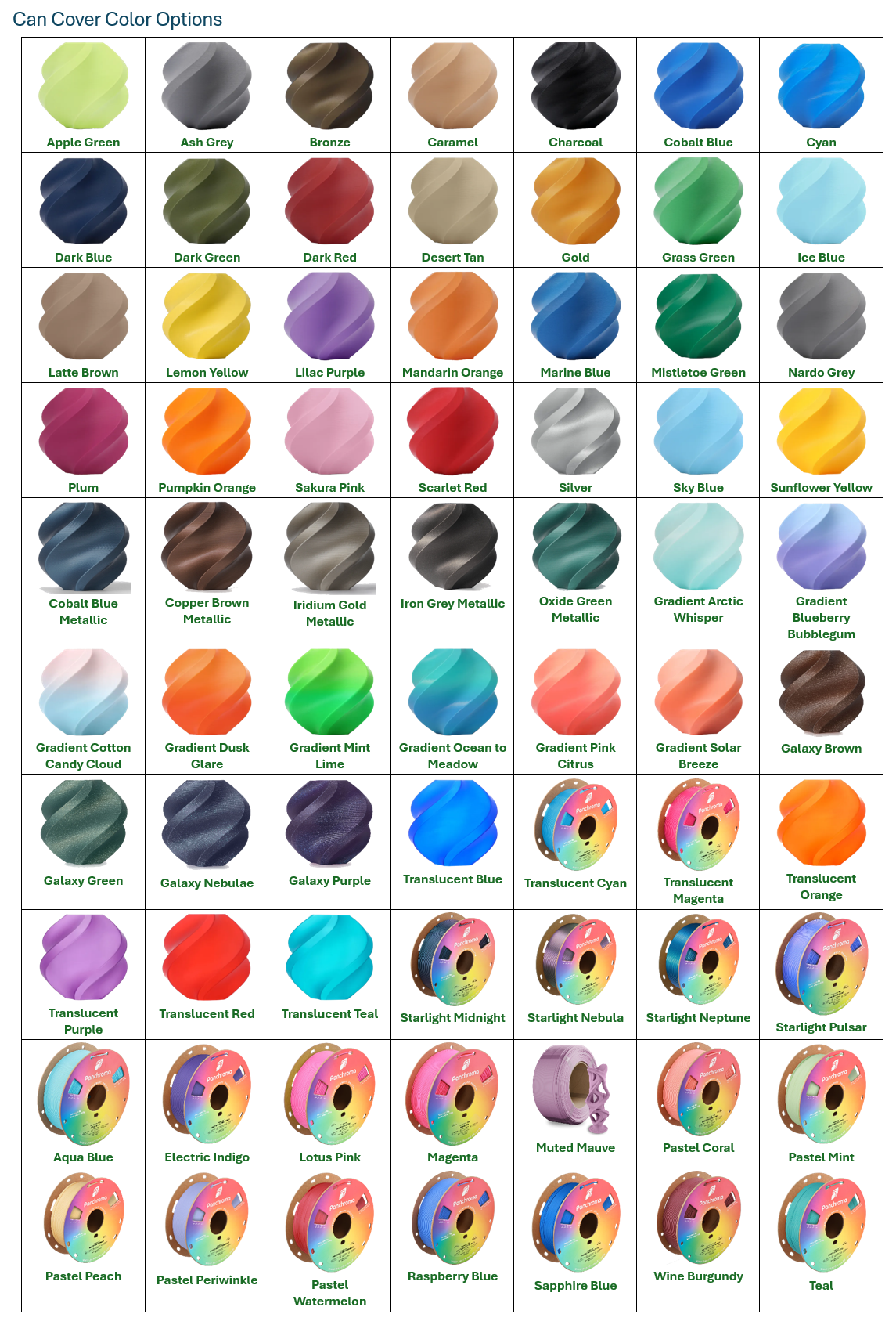 Can Covers filament color chart showing available color options for custom products from Farmhouse Craft Works.