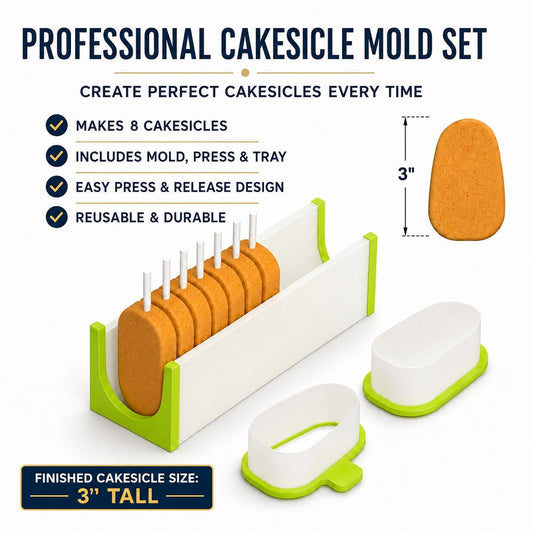 3-inch cakesicle mold set with matching mold, press tool and 6-inch tray.