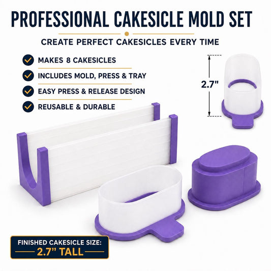 2-inch stuffed cakesicle mold set with matching mold, press tool and 6-inch tray.