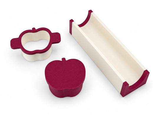 2 Inch Apple cake pop mold set components with matching mold, press tool, cutter, and 6-inch tray.