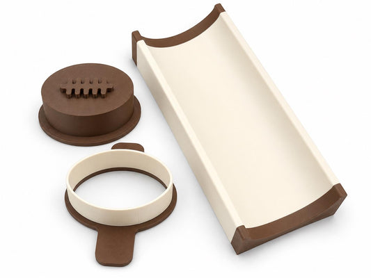 2 Inch Football cake pop mold set components with matching mold, press tool, cutter, and 6-inch tray.