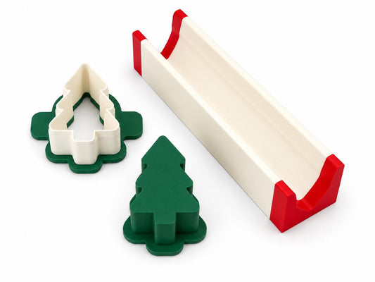 2 Inch Christmas Tree cake pop mold set components with matching mold, press tool, cutter, and 6-inch tray.