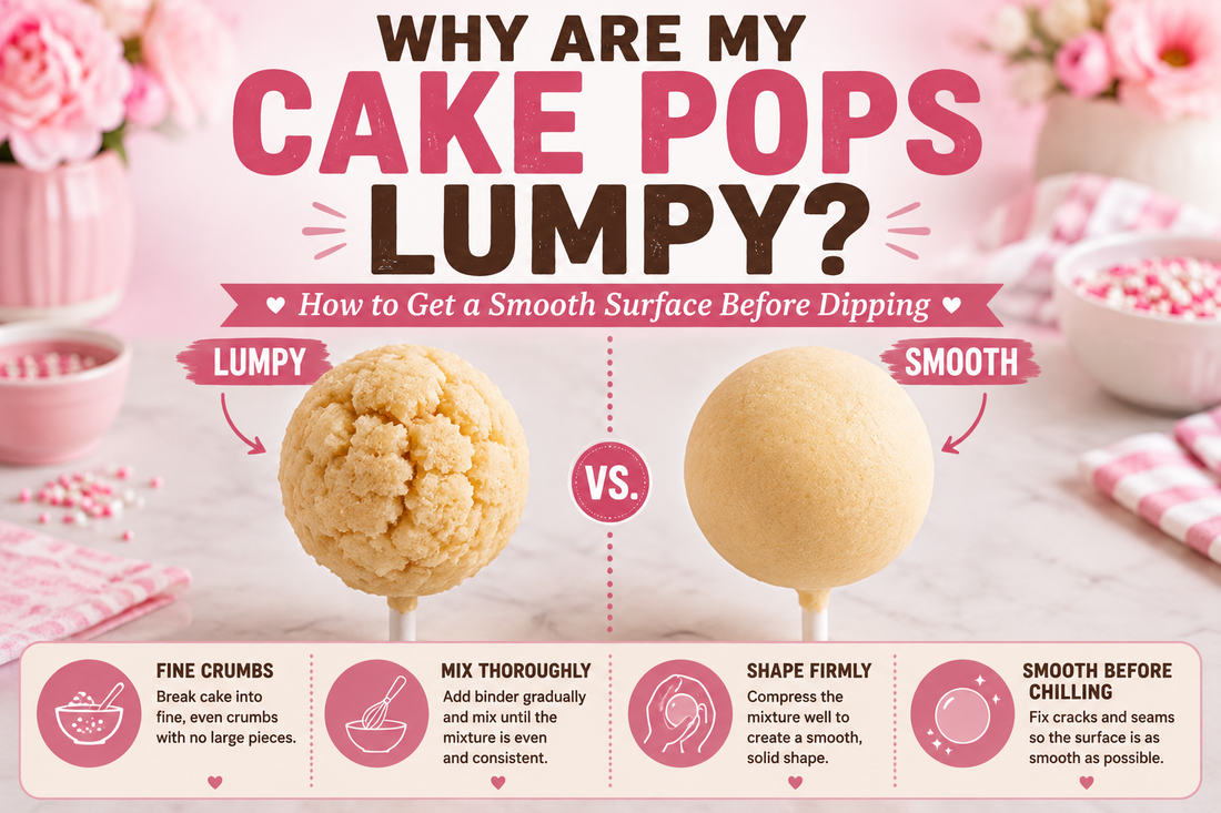 Smooth and lumpy cake pops illustrating how to fix uneven cake pop surfaces before dipping.