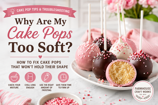 Cake pops in pink, white, and chocolate coatings with one cut open, illustrating how to fix cake pops that are too soft to hold their shape.
