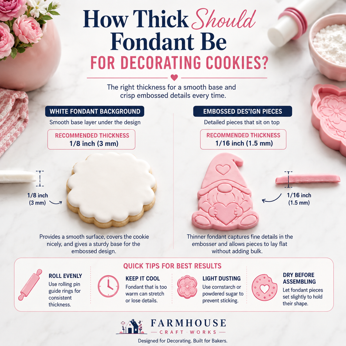 Fondant thickness guide showing a 1/8-inch white fondant cookie base and a 1/16-inch embossed fondant design for decorating cookies.