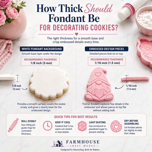Fondant thickness guide showing a 1/8-inch white fondant cookie base and a 1/16-inch embossed fondant design for decorating cookies.