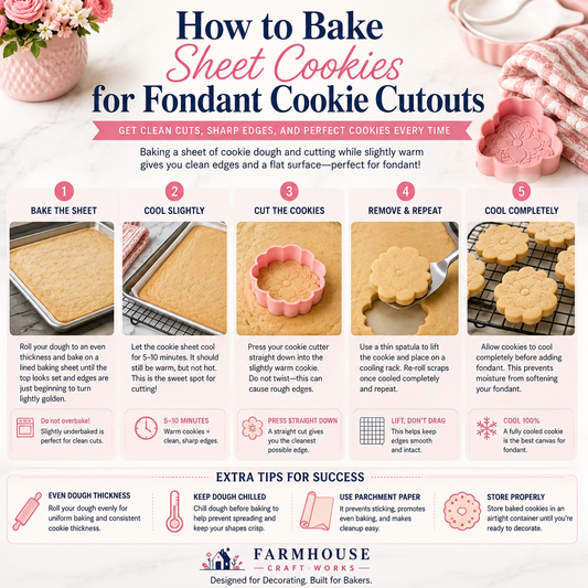 Step-by-step guide showing how to bake a sheet of cookie dough, cut cookies while slightly warm, and cool them completely before decorating with fondant.