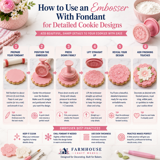 Step-by-step guide showing how to press a fondant embosser into rolled fondant to create a crisp detailed design for decorating cookies.