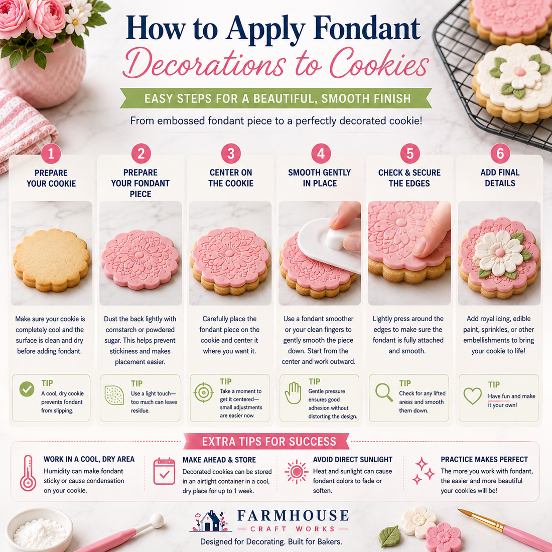Step-by-step guide showing how to attach a fondant topper to a cookie using a small amount of moisture or edible adhesive.
