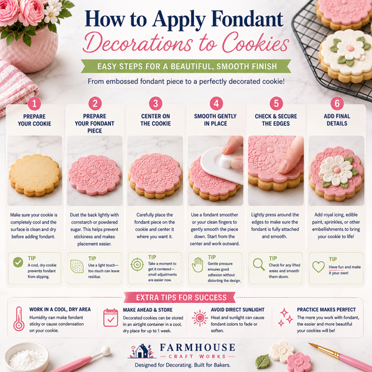 Step-by-step guide showing how to attach a fondant topper to a cookie using a small amount of moisture or edible adhesive.