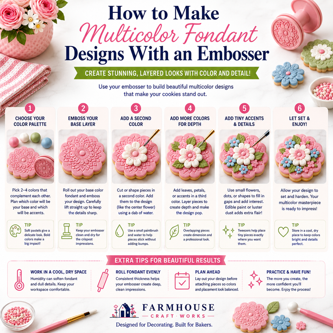 Step-by-step guide showing how to create a multicolor embossed fondant cookie design using layered fondant flowers, leaves, and decorative accents.