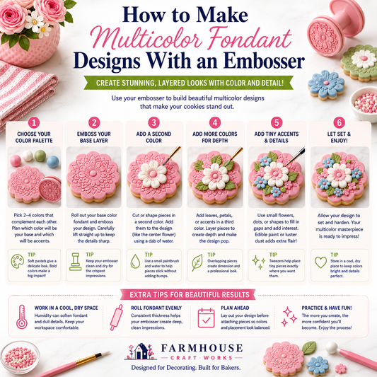 Step-by-step guide showing how to create a multicolor embossed fondant cookie design using layered fondant flowers, leaves, and decorative accents.