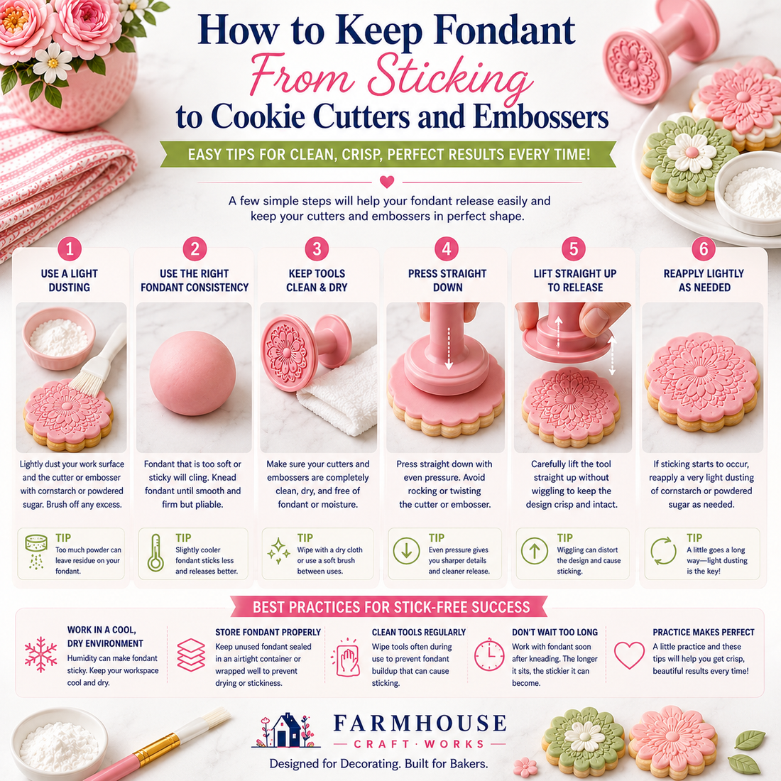 Step-by-step guide showing how to prevent fondant from sticking to cookie cutters and embossers using light dusting, clean tools, and straight pressing and lifting techniques.