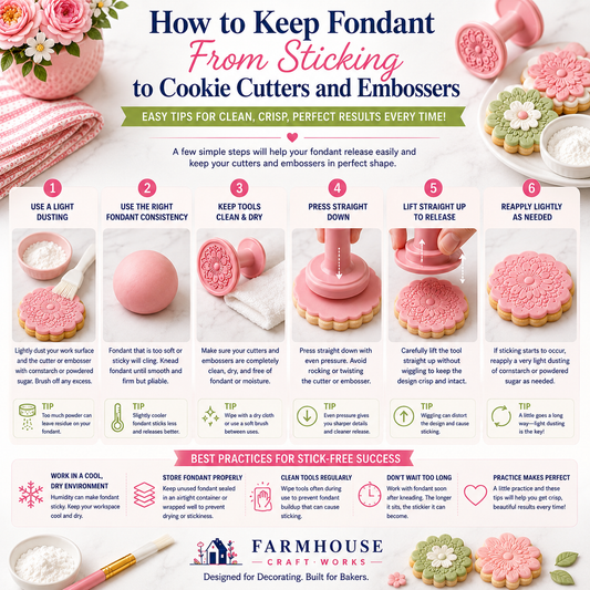 Step-by-step guide showing how to prevent fondant from sticking to cookie cutters and embossers using light dusting, clean tools, and straight pressing and lifting techniques.
