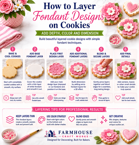 Step-by-step guide showing how to layer different colors and shapes of fondant on a cookie to create a dimensional decorated design.