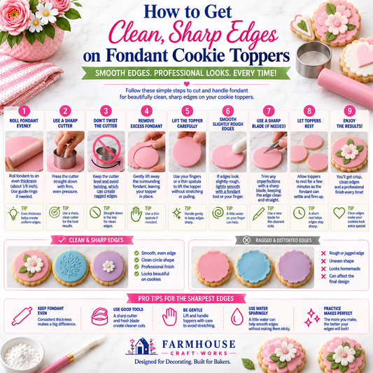 Step-by-step guide showing how to cut, lift, smooth, and handle fondant cookie toppers to create clean, sharp edges without stretching or distortion.