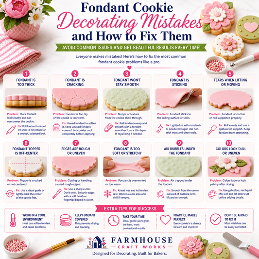 Fondant cookie decorating troubleshooting guide showing common problems including cracking, sticking, rough edges, air bubbles, uneven thickness, and how to fix them.
