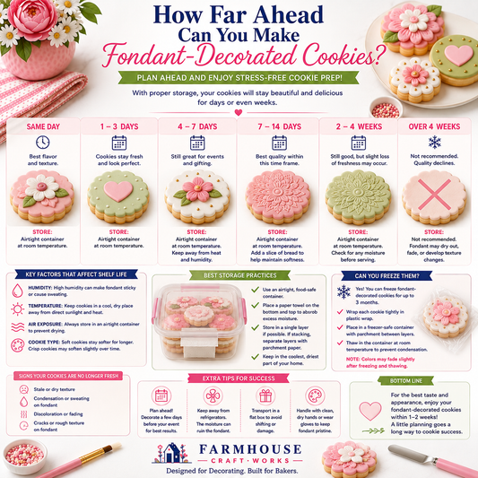 Fondant-decorated cookie storage timeline showing how far ahead cookies can be made, with tips for airtight storage, humidity control, freshness, and freezing.