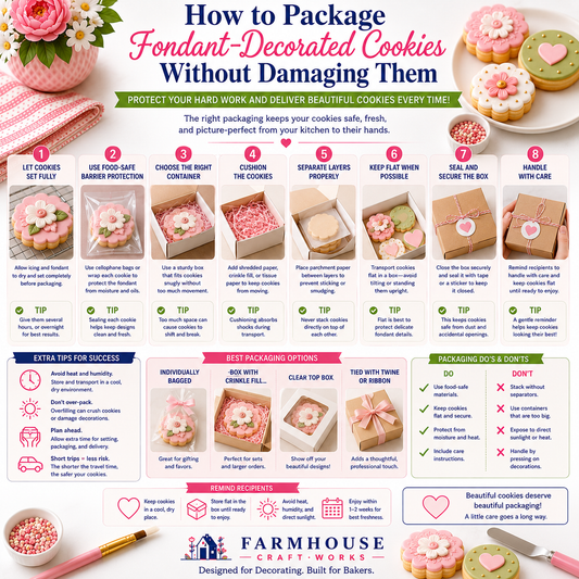 Step-by-step guide showing how to package fondant-decorated cookies using individual protection, cushioning, layer separators, and secure boxes to prevent damage during transport.