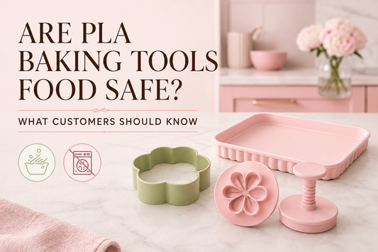 PLA baking tools with hand-wash and no-dishwasher care symbols for a food-contact and product-care guide.