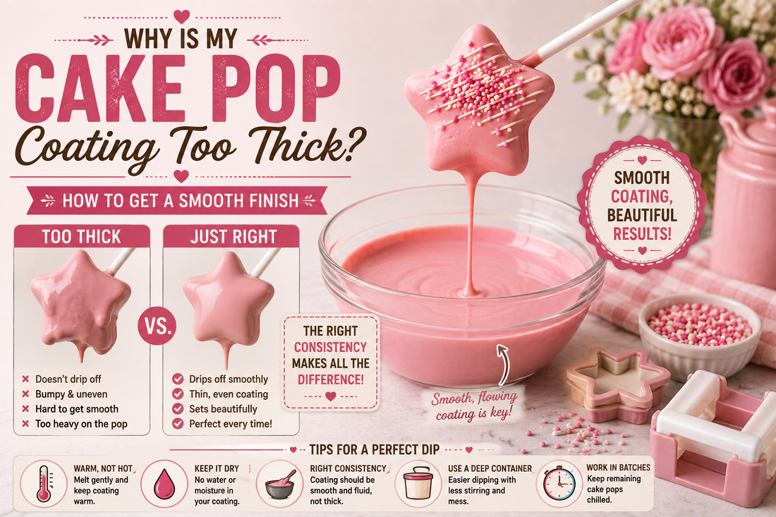 Smooth dipped cake pops illustrating how to fix cake pop coating that is too thick.