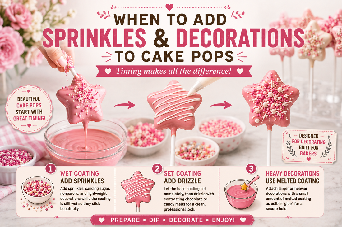 Decorated cake pops with sprinkles showing when to add decorations before the coating sets.