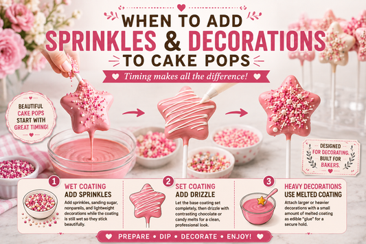 Decorated cake pops with sprinkles showing when to add decorations before the coating sets.