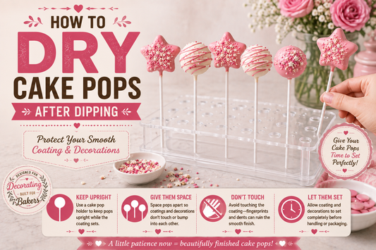 Freshly dipped cake pops drying upright without touching to protect the coating.