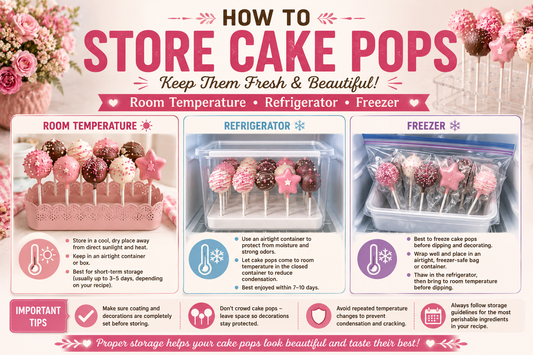 Finished cake pops prepared for storage at room temperature, in the refrigerator, or freezer.