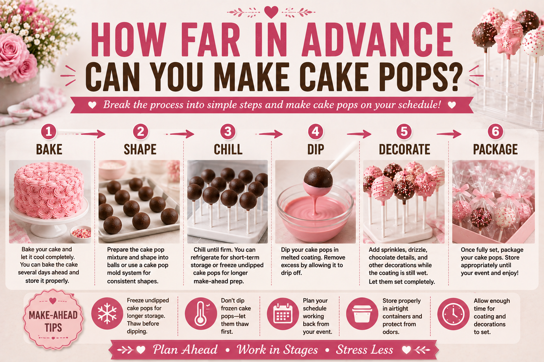 Finished cake pops for a make-ahead guide explaining how far in advance cake pops can be prepared.