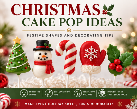 Christmas cake pop ideas featuring decorated Christmas tree, snowman, candy cane, mitten and holly berry cake pops