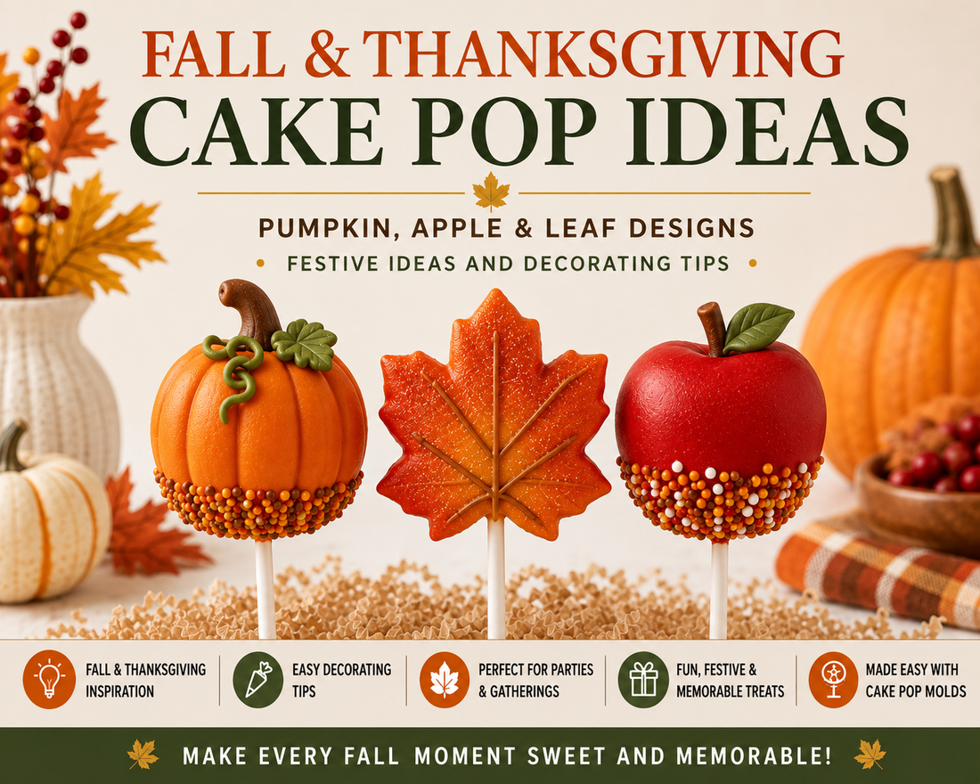 Fall and Thanksgiving cake pop ideas featuring pumpkin, apple and leaf cake pops.