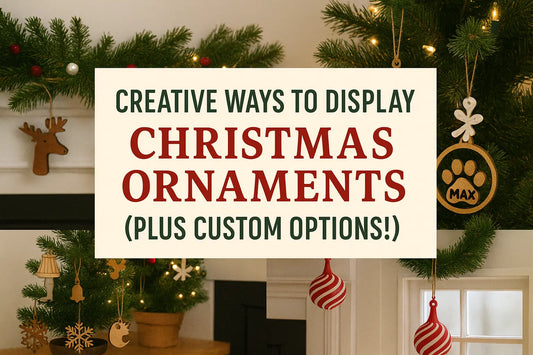 Christmas ornaments displayed on a garland, Christmas tree, and wreath with text promoting creative ways to display holiday ornaments.