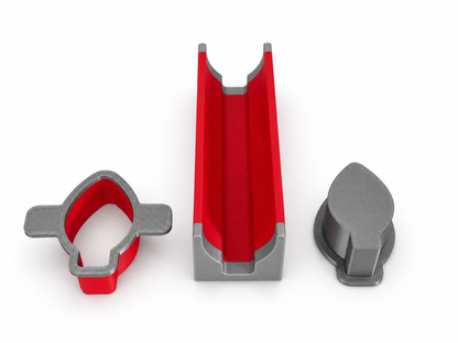Red and silver light bulb cake pop mold set with matching cutter, press tool and 6 Inch Tray on a white background.