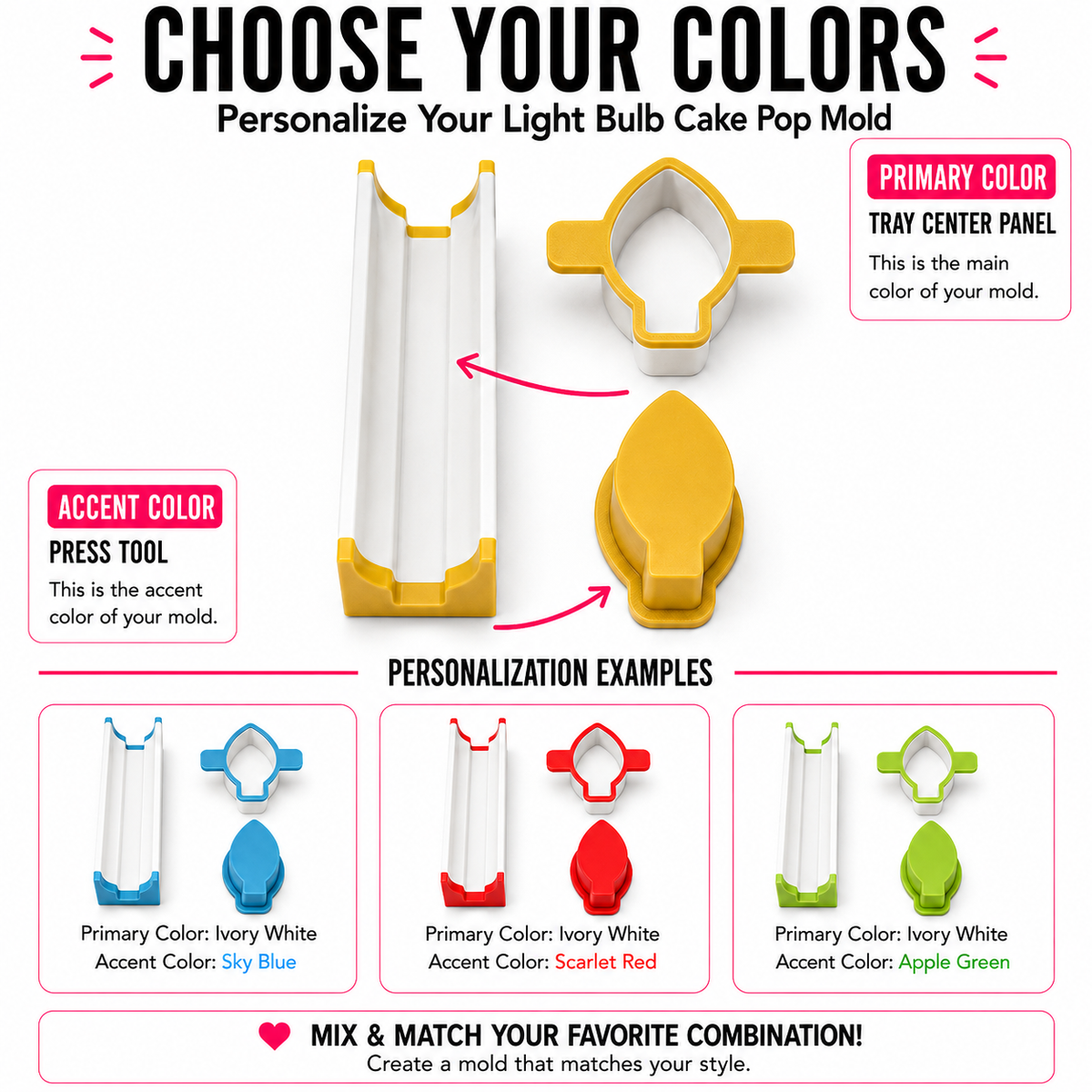 Light bulb cake pop mold color guide showing the primary tray color, accent press-tool color and Sky Blue, Scarlet Red and Apple Green examples.