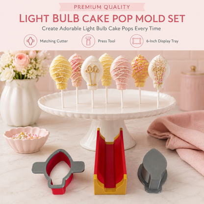 Light bulb cake pop mold set with matching cutter, press tool, 6 Inch Tray and decorated light bulb cake pops in a pink bakery setting.
