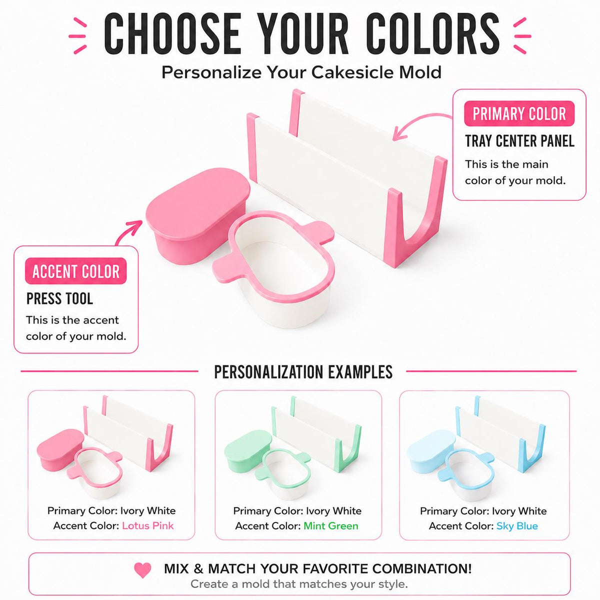 3 Inch Stuffed cakesicle mold set product guide showing included tools, features, and color choices.