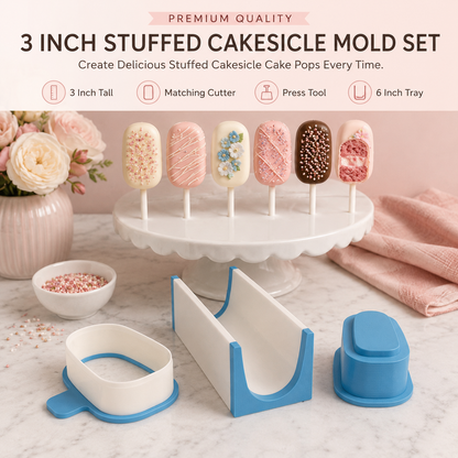 3 Inch stuffed cakesicle mold set with matching cutter, press tool, 6 Inch Tray and decorated stuffed cakesicle cake pops in a pink bakery setting.