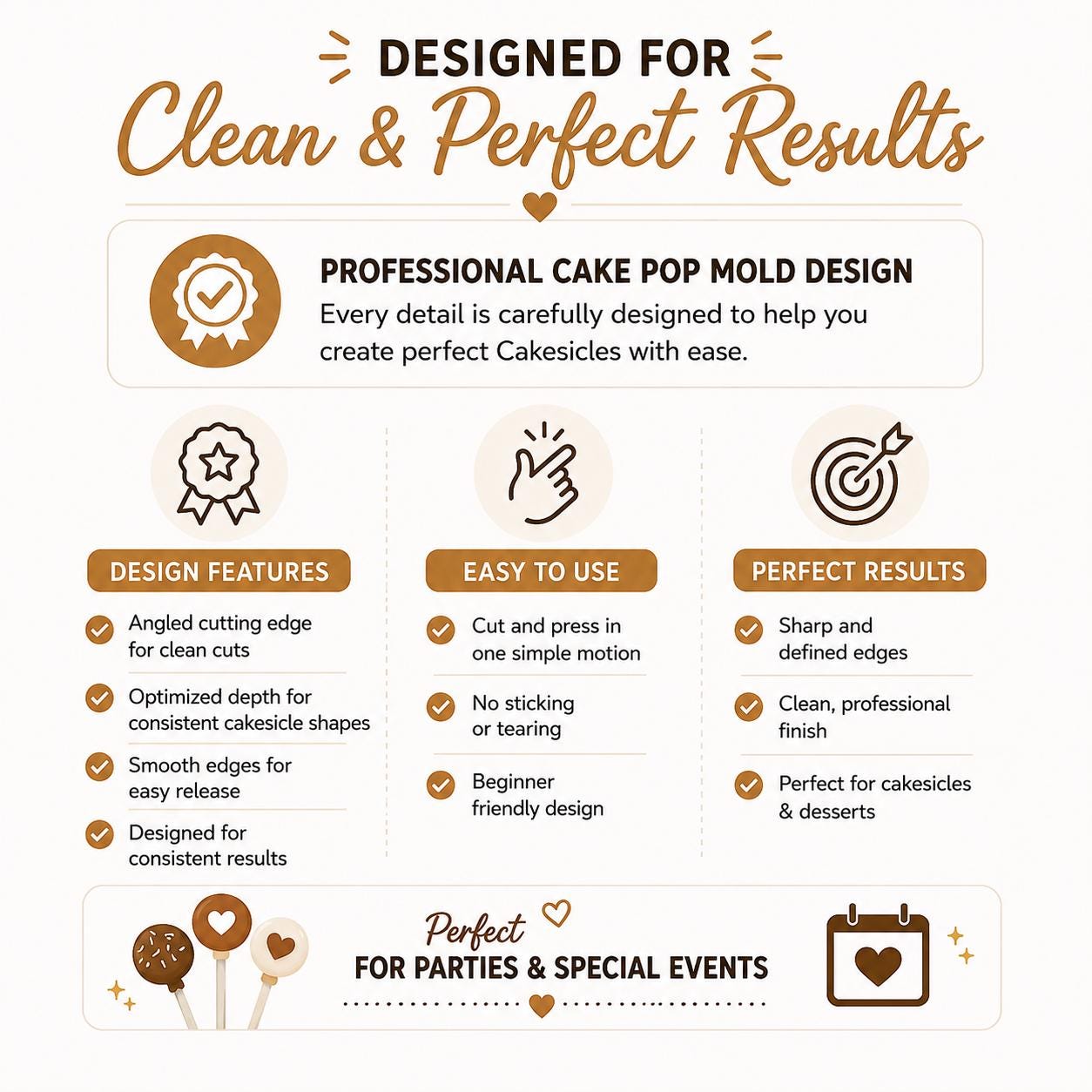 Mold feature guide highlighting easy use, clean shaping and consistent results.