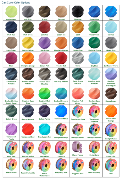 Can Covers filament color chart showing available color options for custom products from Farmhouse Craft Works.
