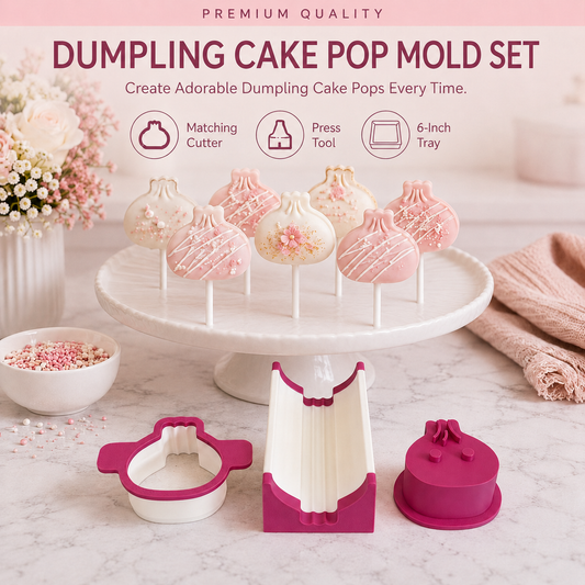 Dumpling cake pop mold set with matching cutter, press tool, 6 Inch Tray and decorated dumpling cake pops in a pink bakery setting.