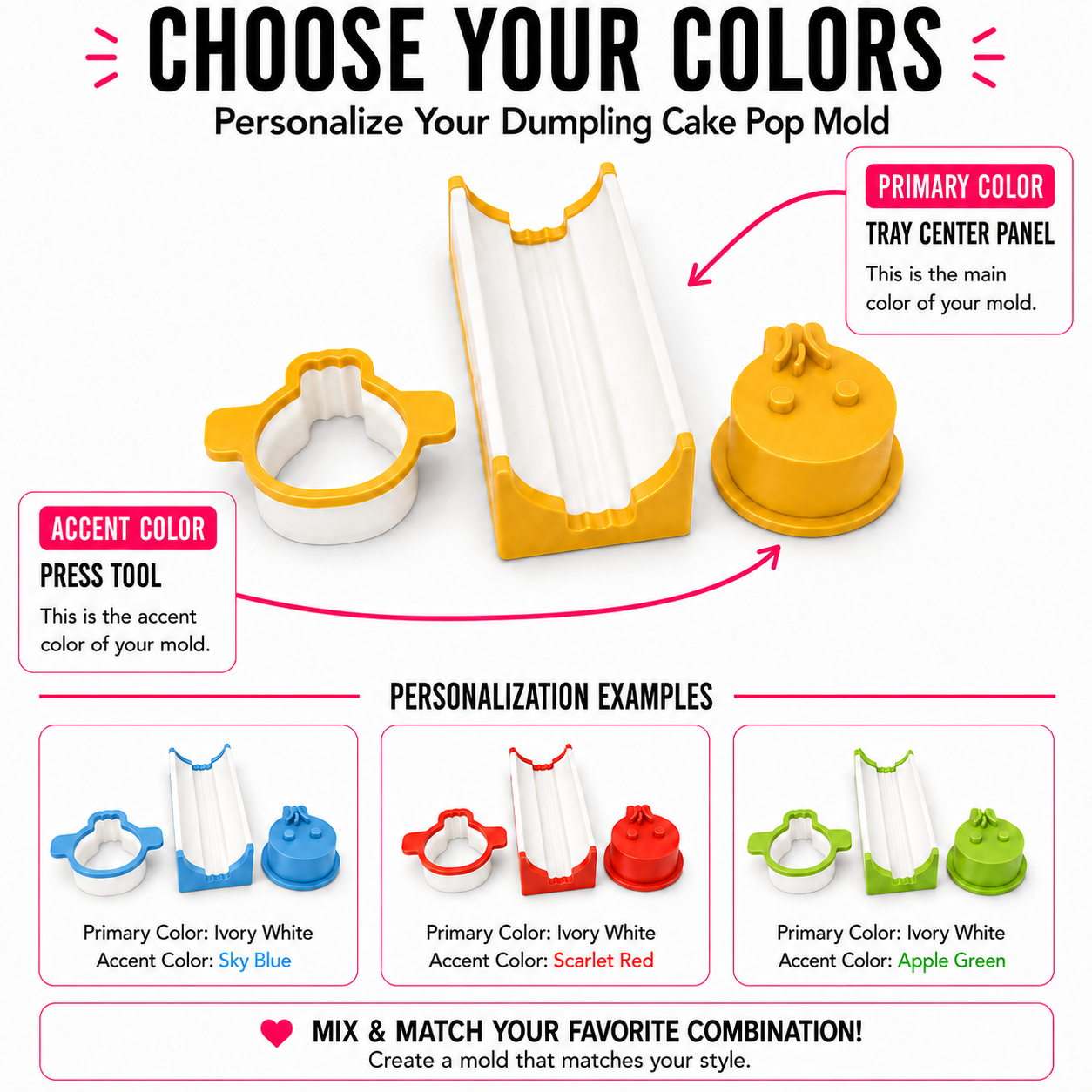 Dumpling cake pop mold color guide showing the primary tray color, accent press-tool color and Sky Blue, Scarlet Red and Apple Green examples.