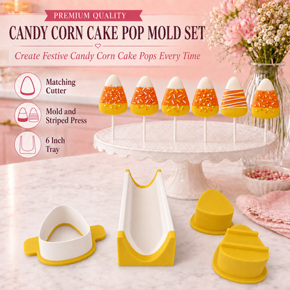 Candy corn cake pop mold set with matching tools and decorated candy corn cake pops.