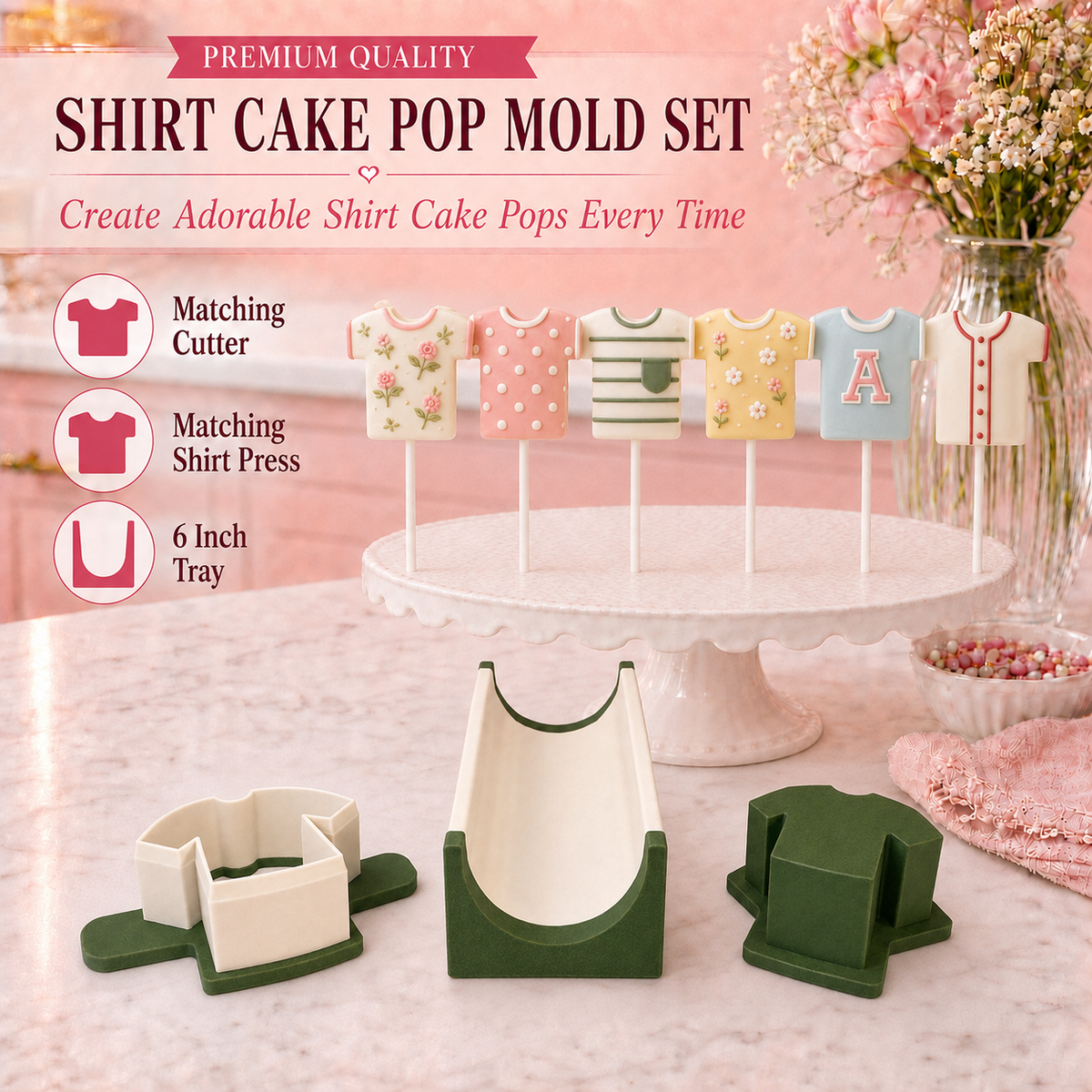 Shirt Cake Pop Mold Set with matching press, cutter and 6 Inch Tray.