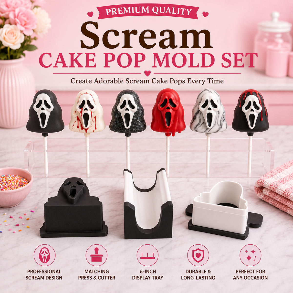 Scream cake pop mold set with matching tools and decorated scream cake pops.