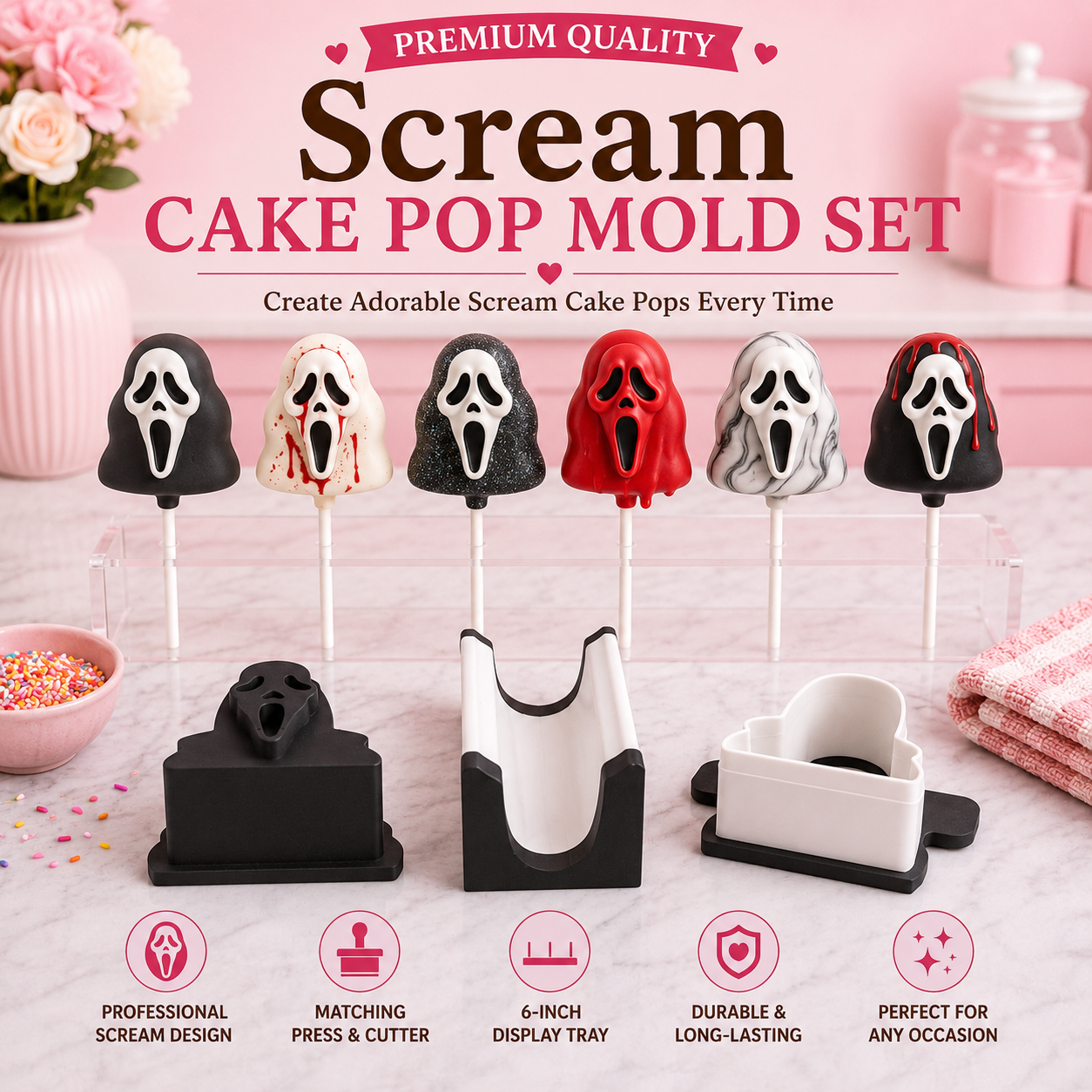 Scream cake pop mold set with matching tools and decorated scream cake pops.