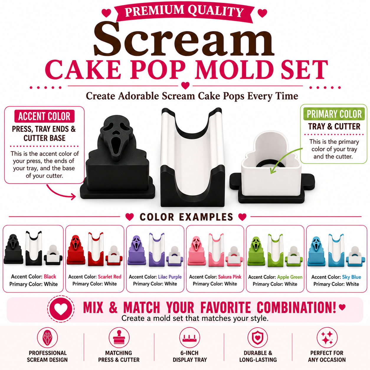 Scream cake pop mold set components with matching mold, press tool, cutter, and 6-inch tray.