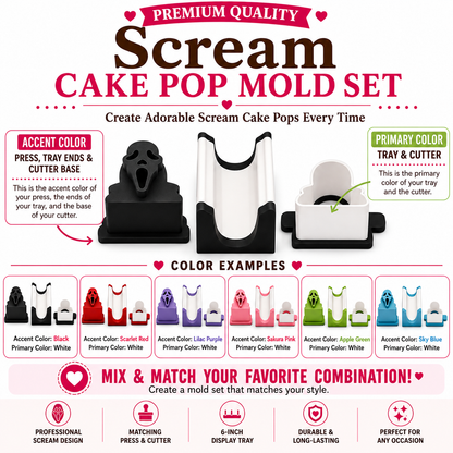 Scream cake pop mold set components with matching mold, press tool, cutter, and 6-inch tray.