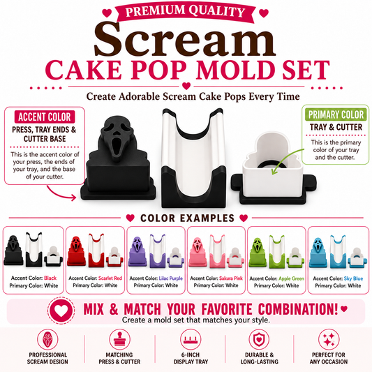 Scream cake pop mold set components with matching mold, press tool, cutter, and 6-inch tray.