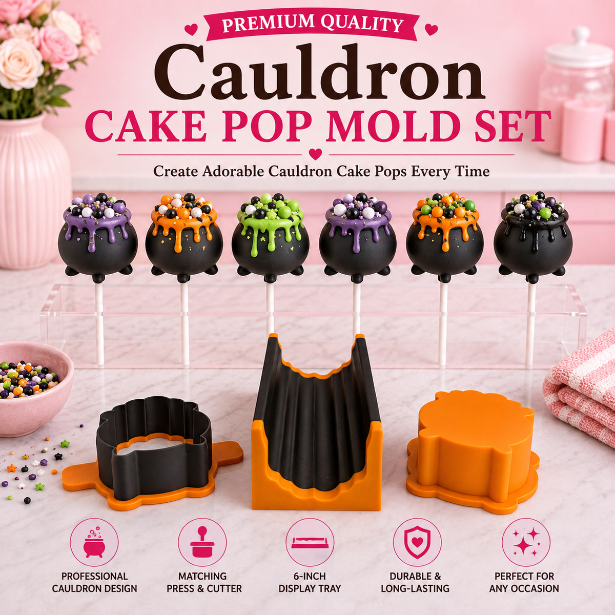 Cauldron cake pop mold set with matching tools and decorated cauldron cake pops.